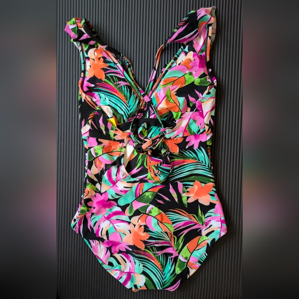 BEYOND CONTROL New Black Multi Printed Ruffled V-neck One-piece Swimsuit Size 10 - Picture 3 of 13